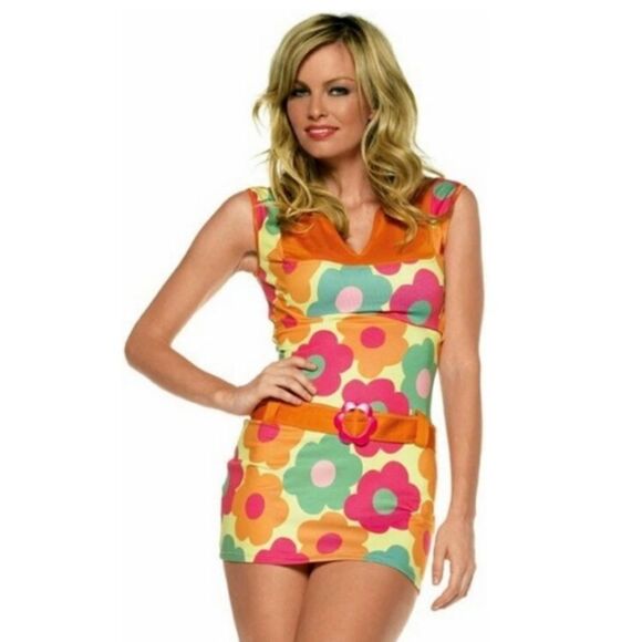 NWT LegAvenue Barbie Daisy Hippie Costume Pink 70s Bodycon Mini Dress - Picture 1 of 5